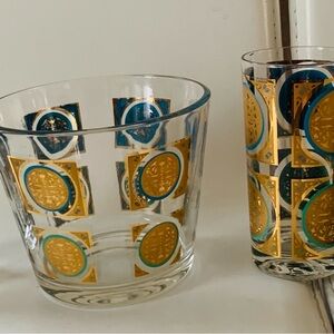 Pasinski signed mid-century ice container and 3 glasses